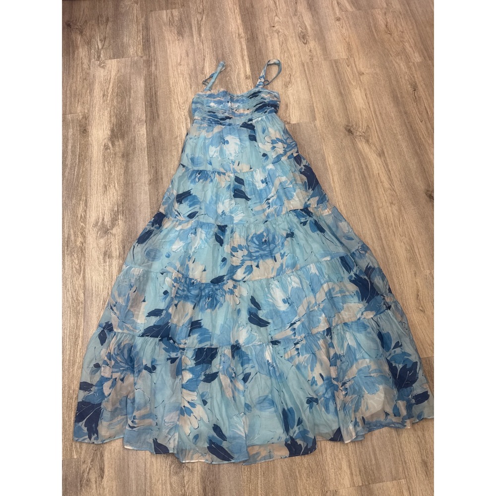 Abercrombie & Fitch Blue Floral Tiered Maxi Dress MT Medium Tall Smocked Boho - Picture 4 of 8